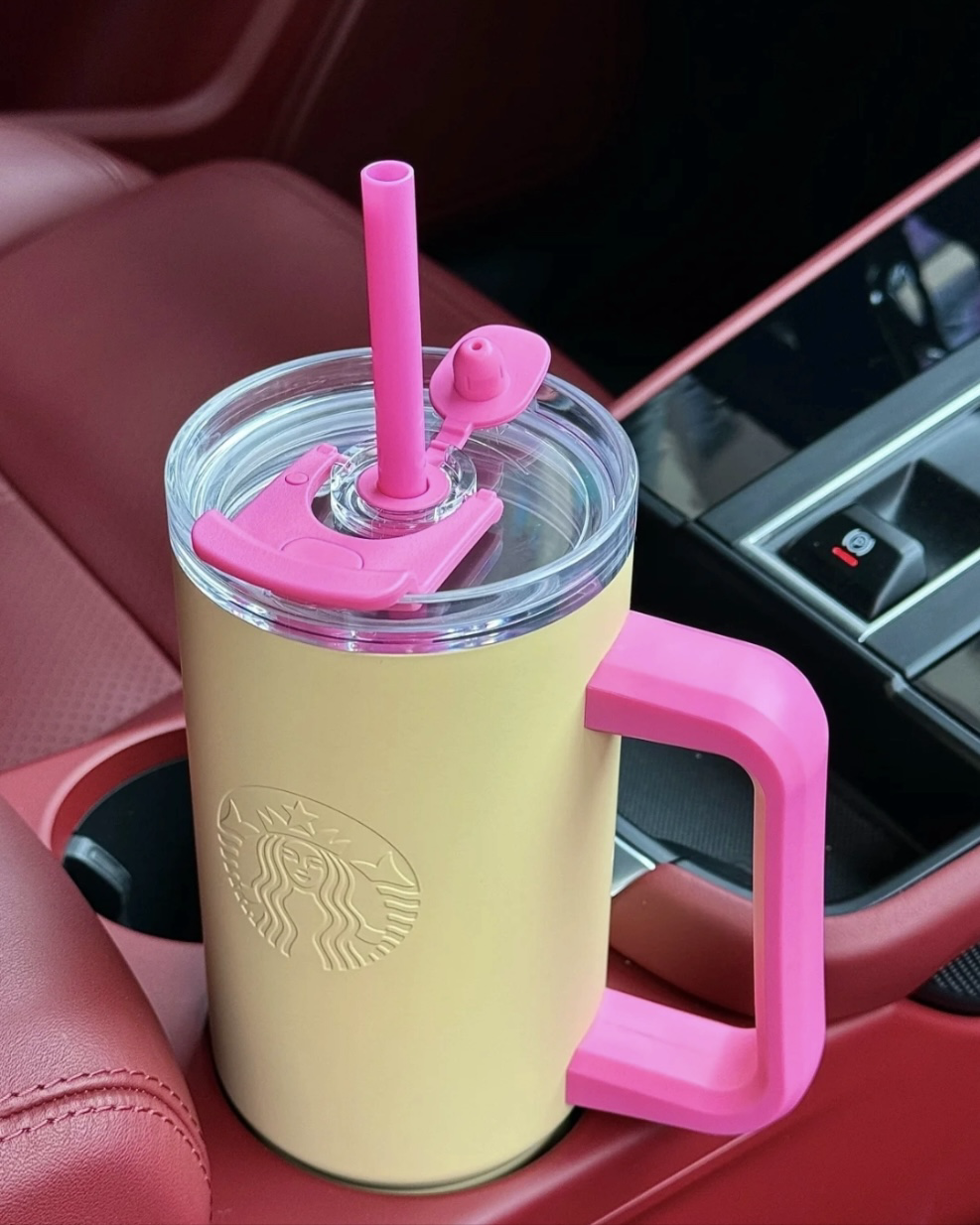 海外限定 Starbucks 星巴克 多巴胺撞色大容量 不鏽鋼吸管杯 把手冰壩杯 黃粉色 900ml