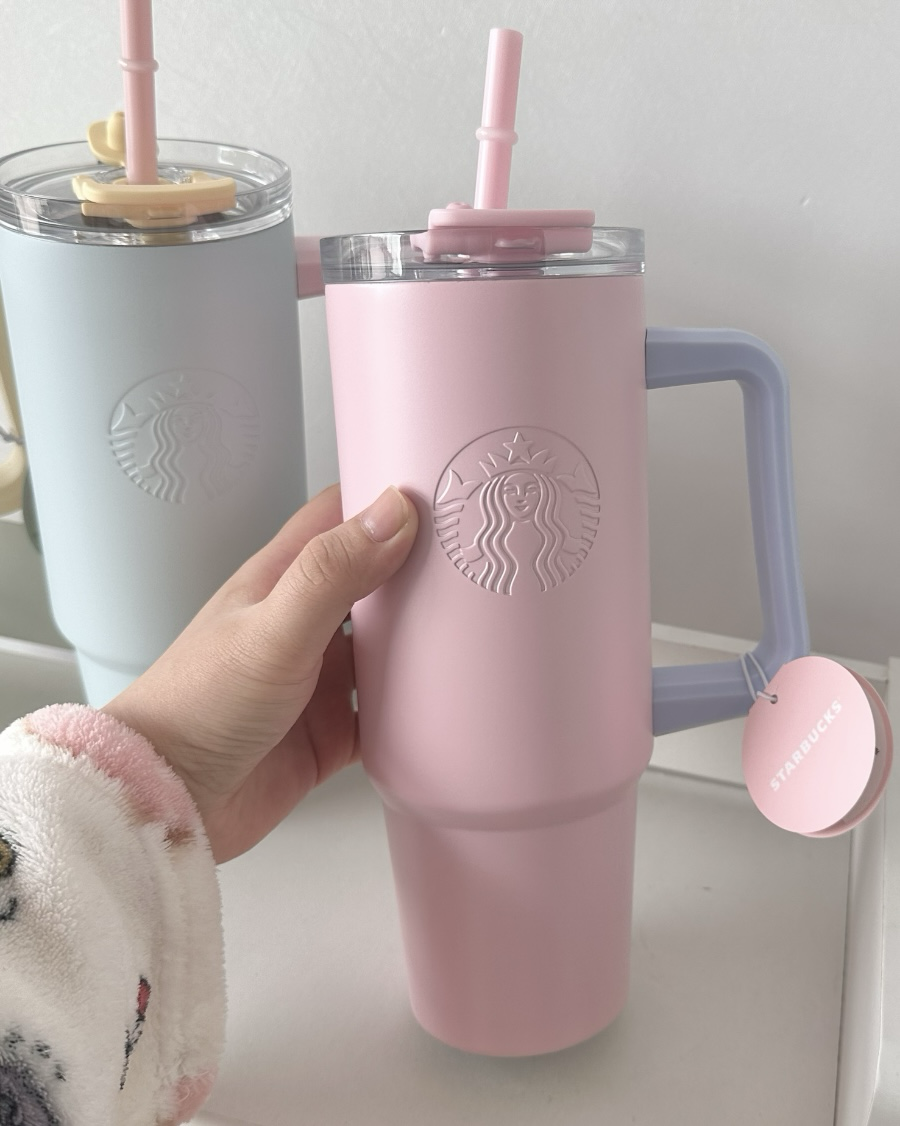 Starbucks 星巴克 春季限定 馬卡龍色系 大容量不鏽鋼吸管杯 把手冰壩杯 900ml 櫻花粉/海鹽藍