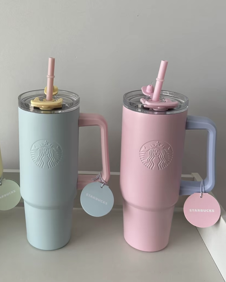 Starbucks 星巴克 春季限定 馬卡龍色系 大容量不鏽鋼吸管杯 把手冰壩杯 900ml 櫻花粉/海鹽藍
