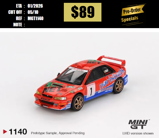 PO-$89 * MINI GT * 1:64 1140 Subaru Impreza WRC97 #1 1999 DRM Champion LHD [OD25/09]