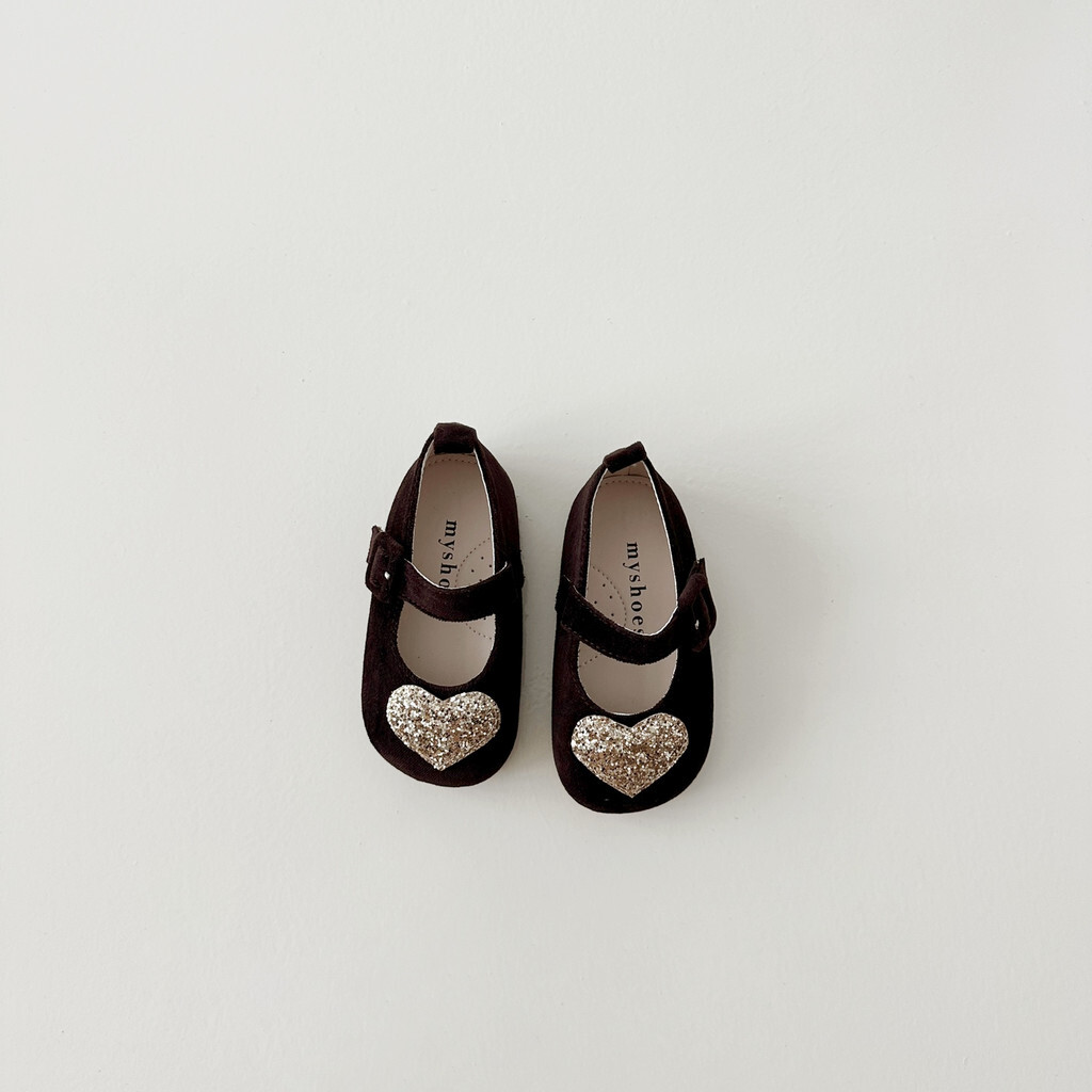 雙胞胎鞋-金色閃爍心+棕色底