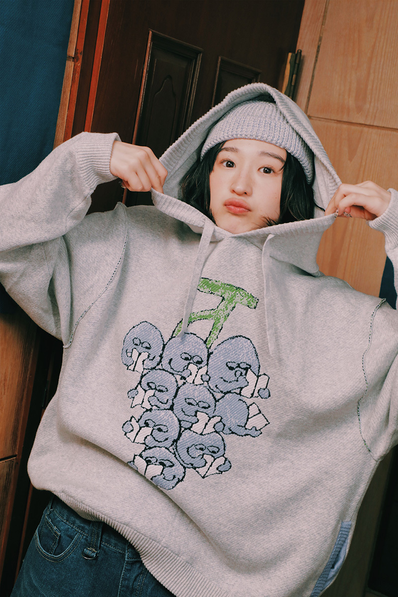 [Bird Pit] Reading Grapes Long Sleeve Hoodie Top