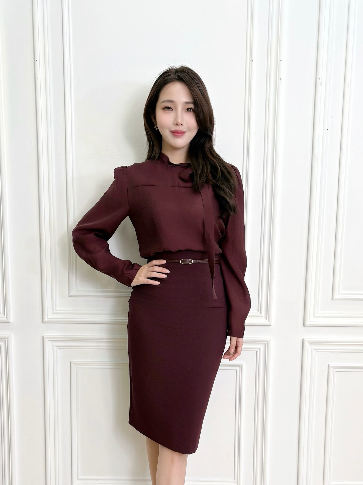 透膚感領綁帶上衣(長袖)