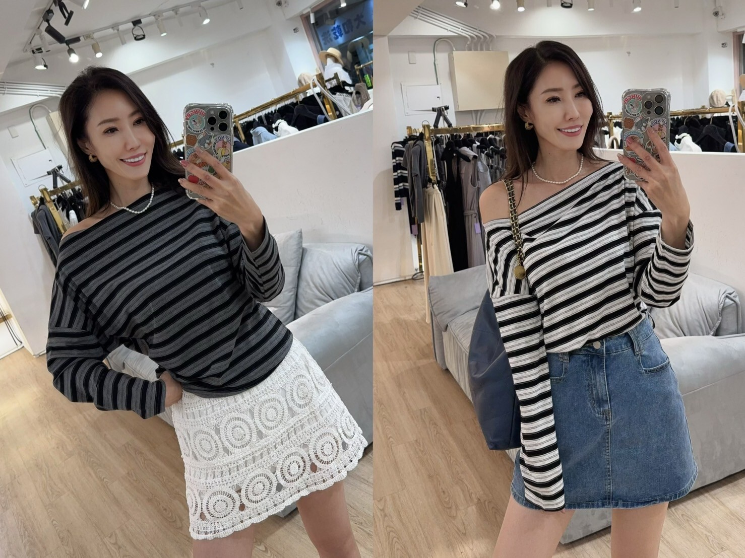 B09046-撞色條紋可拉肩薄款長袖棉質上衣