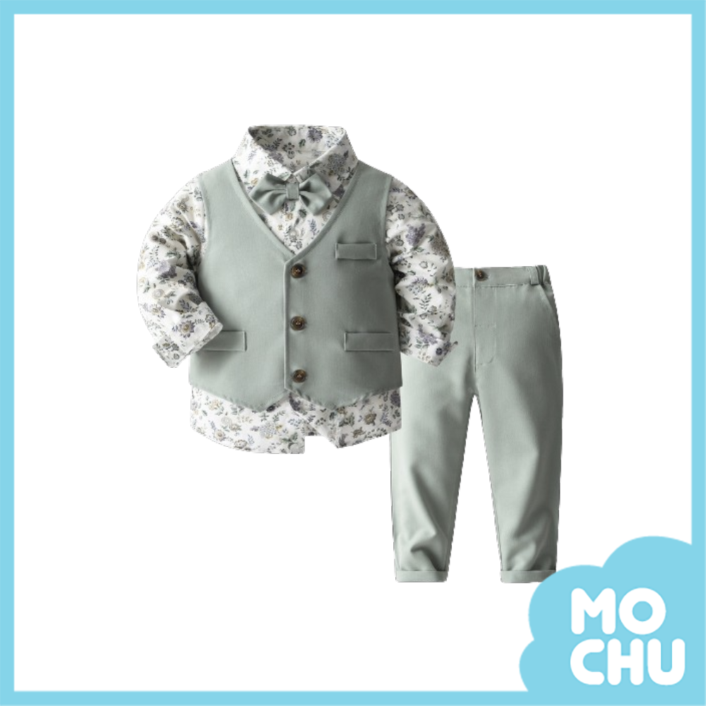 綠碎花紳士背心套裝