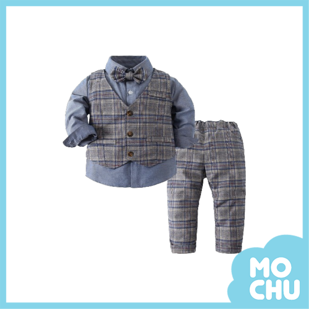 灰咖格紋紳士背心套裝