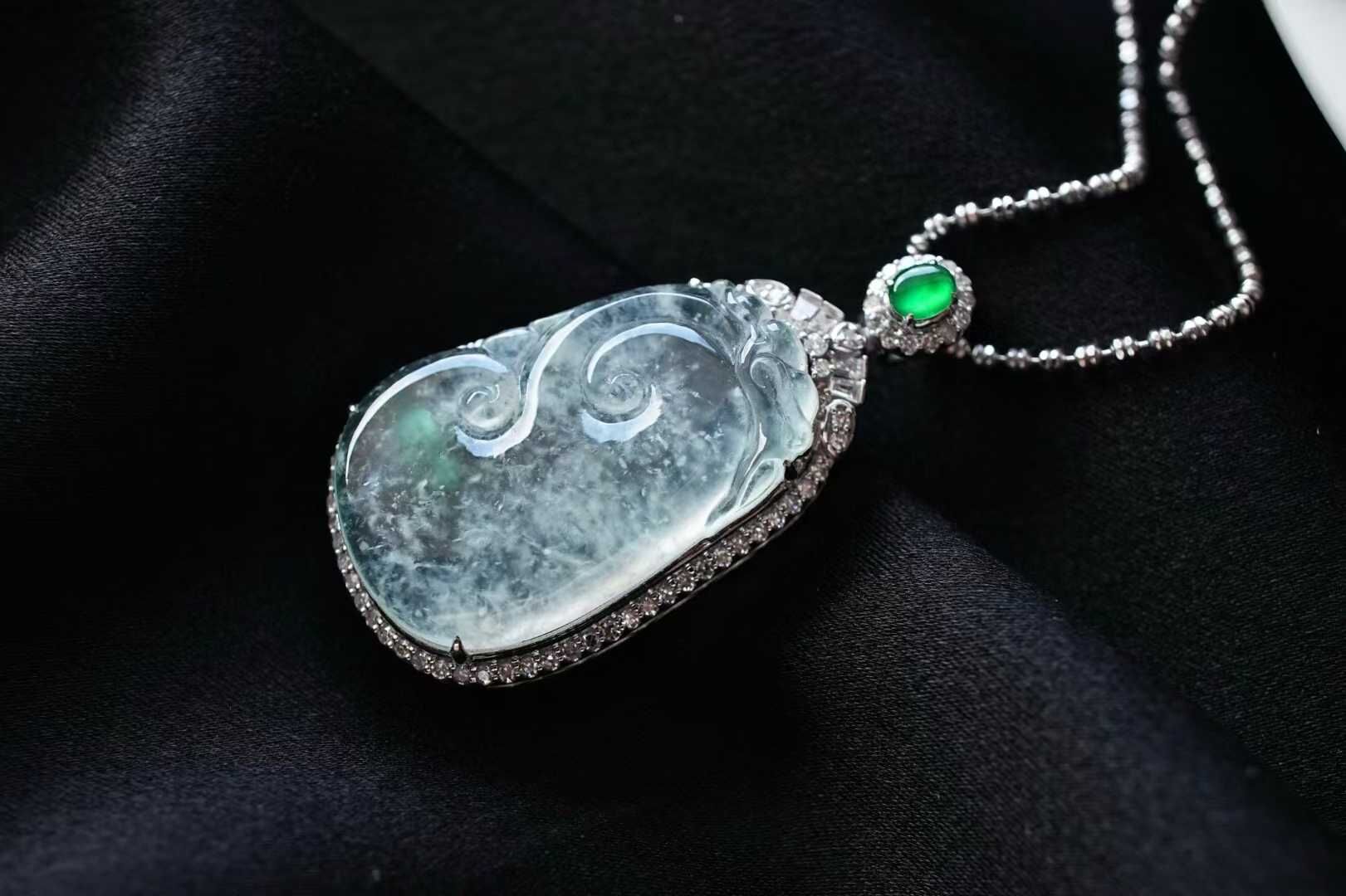 翡翠冰種木那雪花棉如意吊墜,天然翡翠A玉, 緬甸玉, Jade, Jadeite