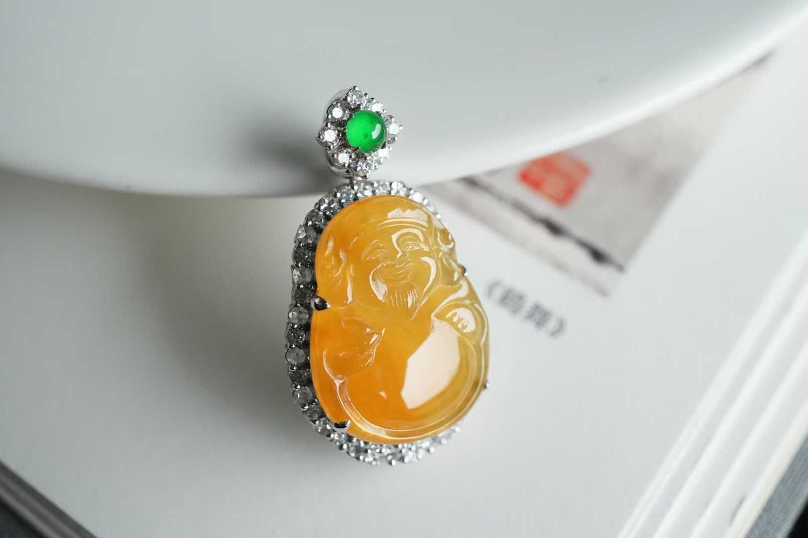 翡翠冰黃翡財神吊墜,天然翡翠A玉, 緬甸玉, Jade, Jadeite