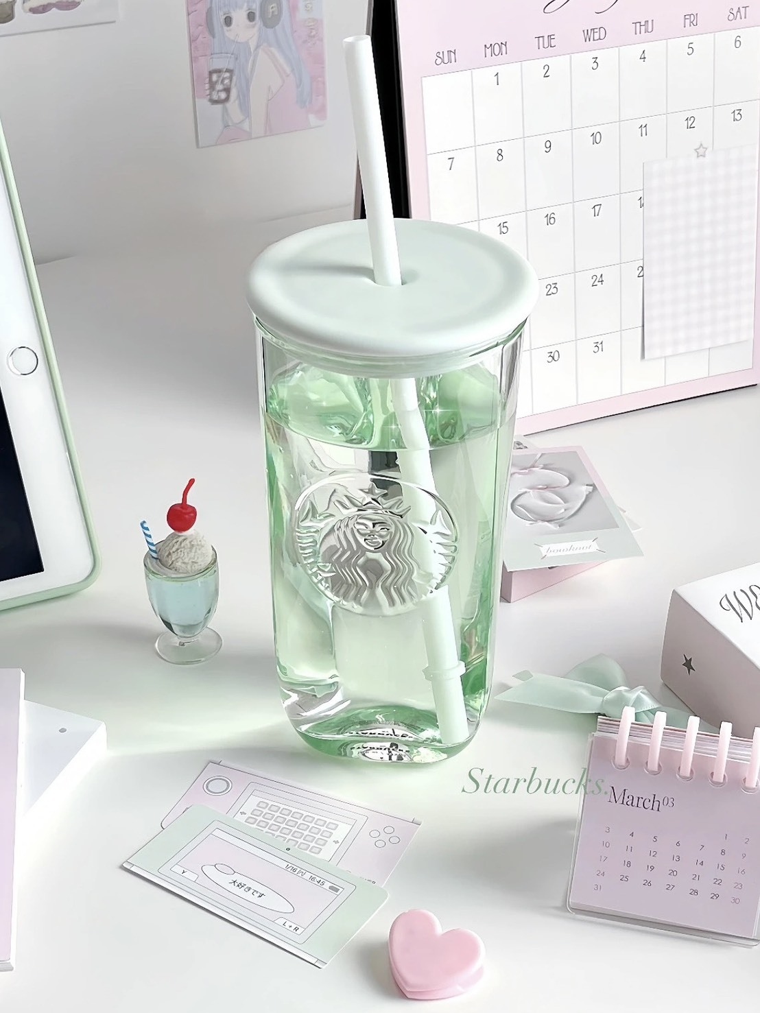 STARBUCKS 星巴克 三角 玻璃吸 管杯 薄荷綠 473ML