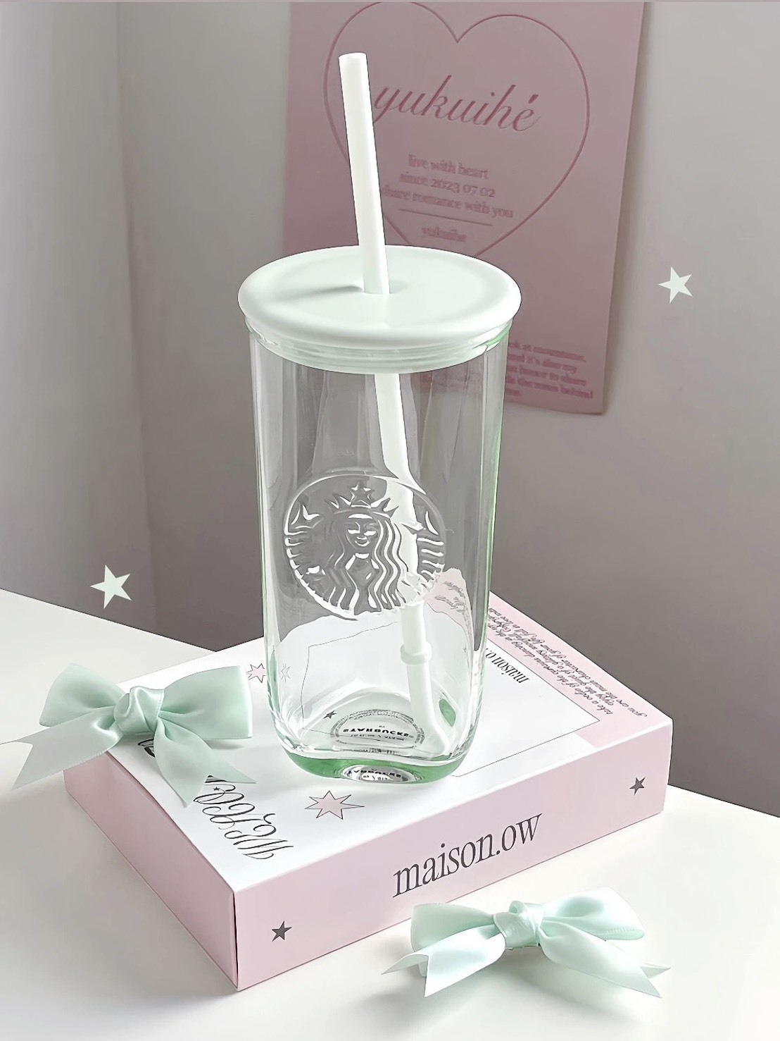 STARBUCKS 星巴克 三角 玻璃吸 管杯 薄荷綠 473ML