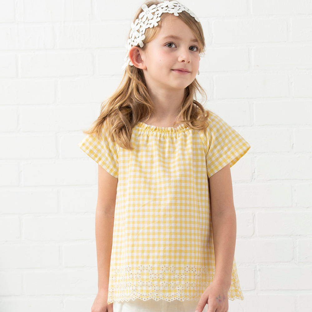 PIPPY花襬格紋純棉圓領上衣 黃