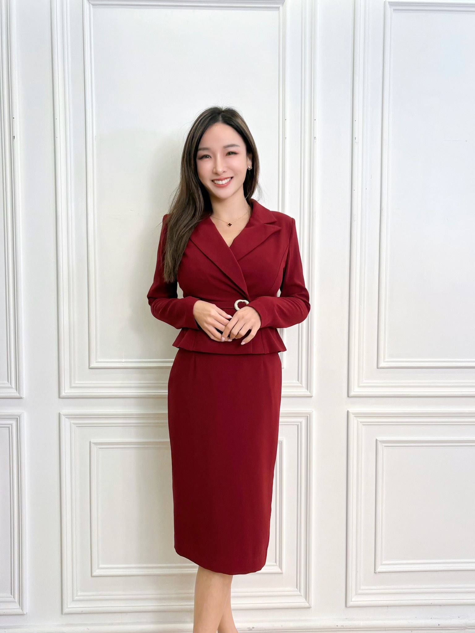 翻領金釦腰帶裁片洋裝