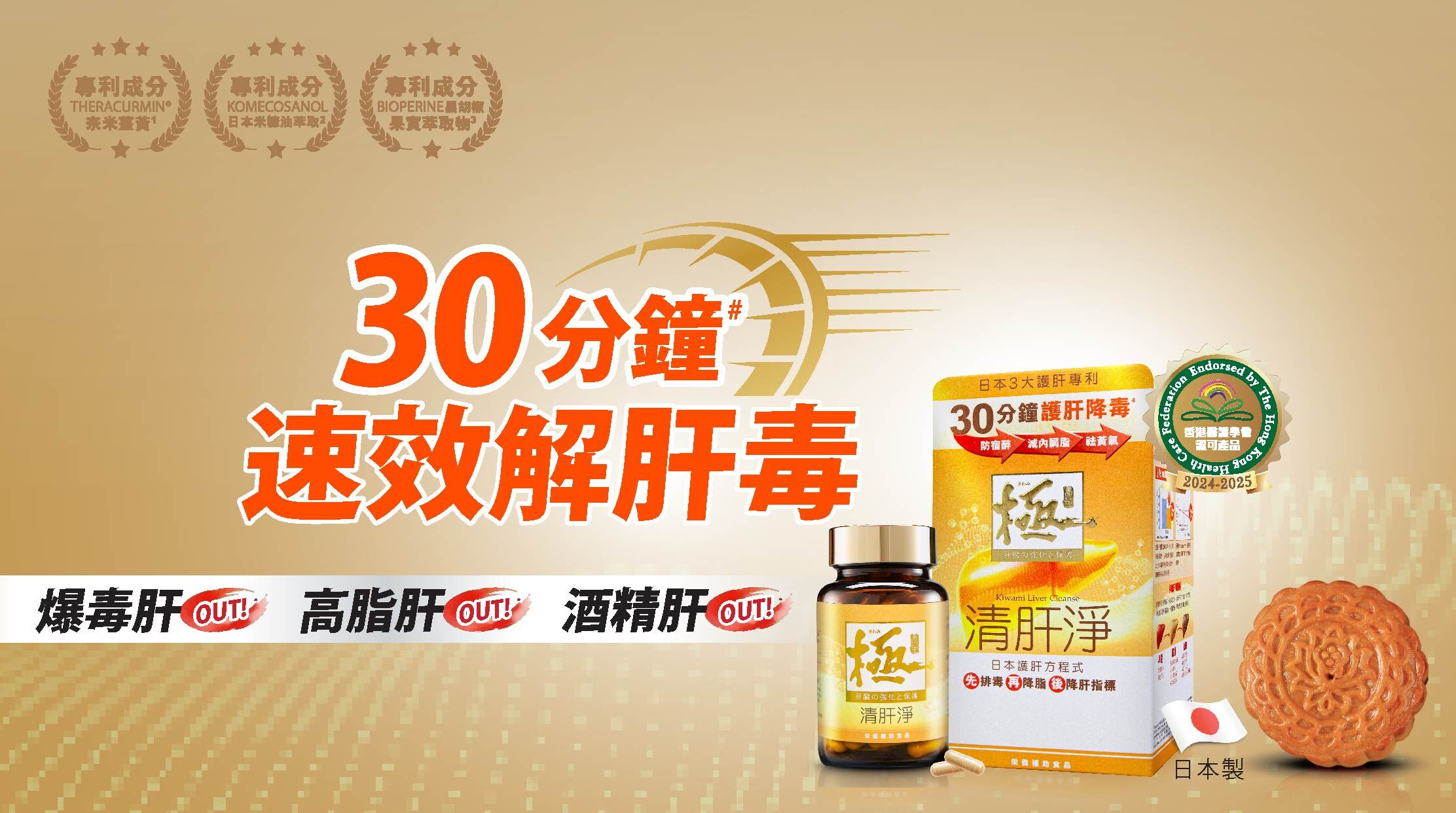因此，在享用美味的月餅的同時，我們也應該注意保護肝臟健康，「極·清肝淨」日本大學共同研發1，30分鐘就可以解肝臟毒素#，有效提升肝臟功能，修復細胞，解肝毒降內臟脂肪，更含3大日本專利3成分，以3步護肝方程式活化肝臟，有效針對毒素積聚、脂肪積聚、糖分積聚、肝細胞損傷及肝功能下降等多種根源問題。    其專利成分日本奈米薑黃素 Theracumin®經納米化處理，分子比一般薑黃素更細小，生物利用度和穿透能力大大提升，吸收率提高44倍。研究表明薑黃素對肝臟具有保護作用，有助於減輕肝臟受損和促進肝臟健康。而日本專利奈米薑黃素Theracumin®經研究證實，1小時有效分解乙醛等毒物達63.9%5，4星期顯著降低肝指標4，修復肝臟細胞。    除日本專利奈米薑黃素Theracumin®外，「極·清肝淨」更含日本專利米糠油Komecosanol、日本專利黑胡椒萃取物Bioperine、穀胱甘肽 Hithion YH-15及日本強肝酵素Liver-Hi等多種成分，有效提升肝臟代謝降內臟脂，補充卵磷脂，加快受損肝細胞的修復和再生。