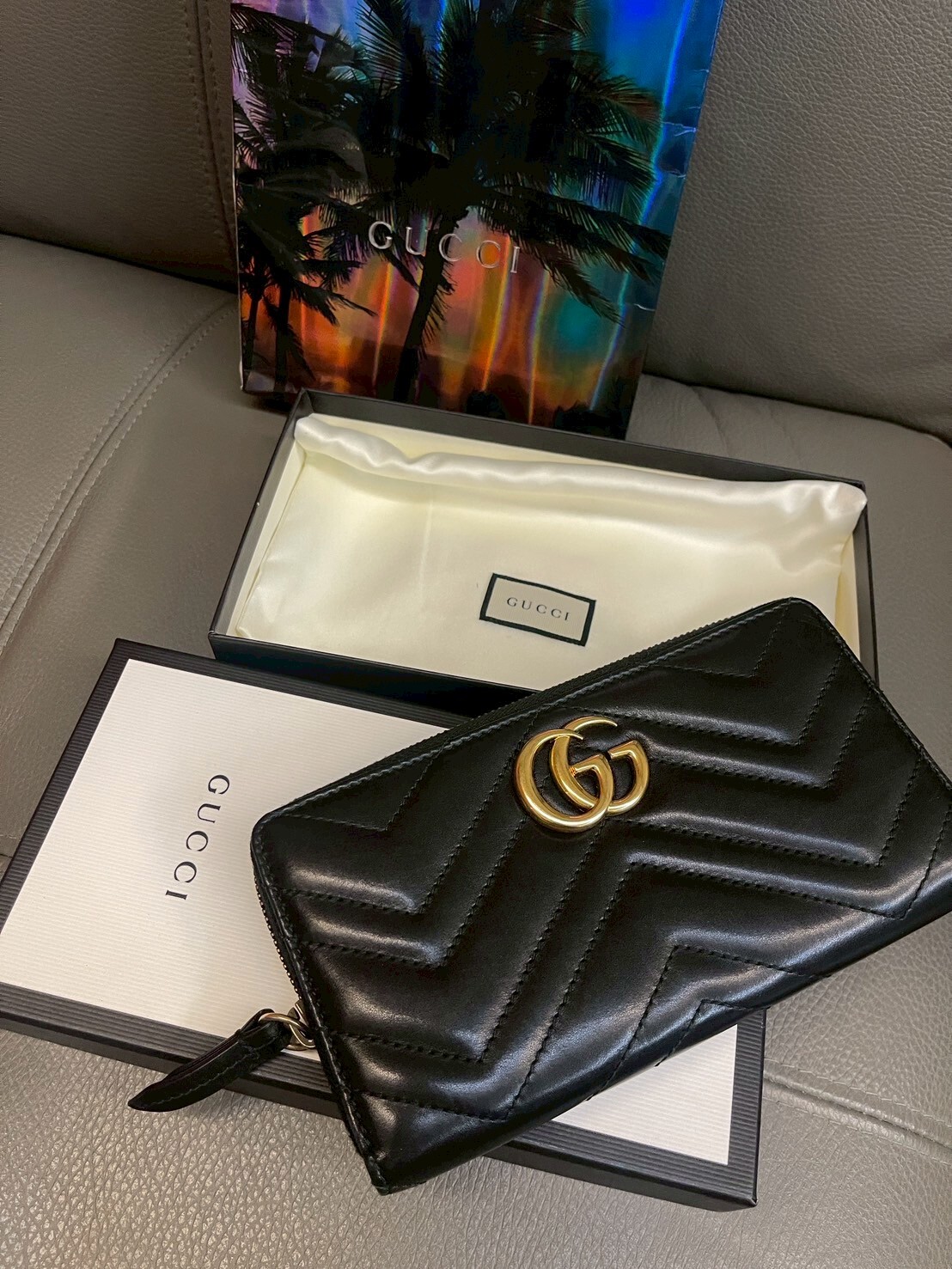 二手美品 GUCCI GG Marmont系列 金標Logo拉鍊長夾