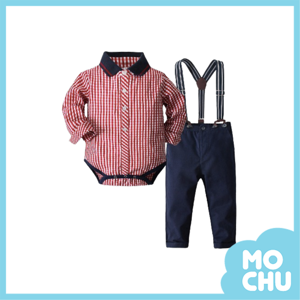 polo領紅格包屁衣紳士套裝