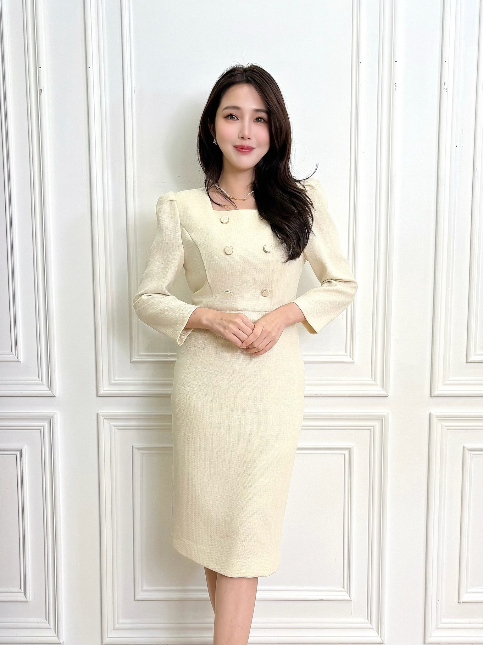 方領雙排釦合身洋裝