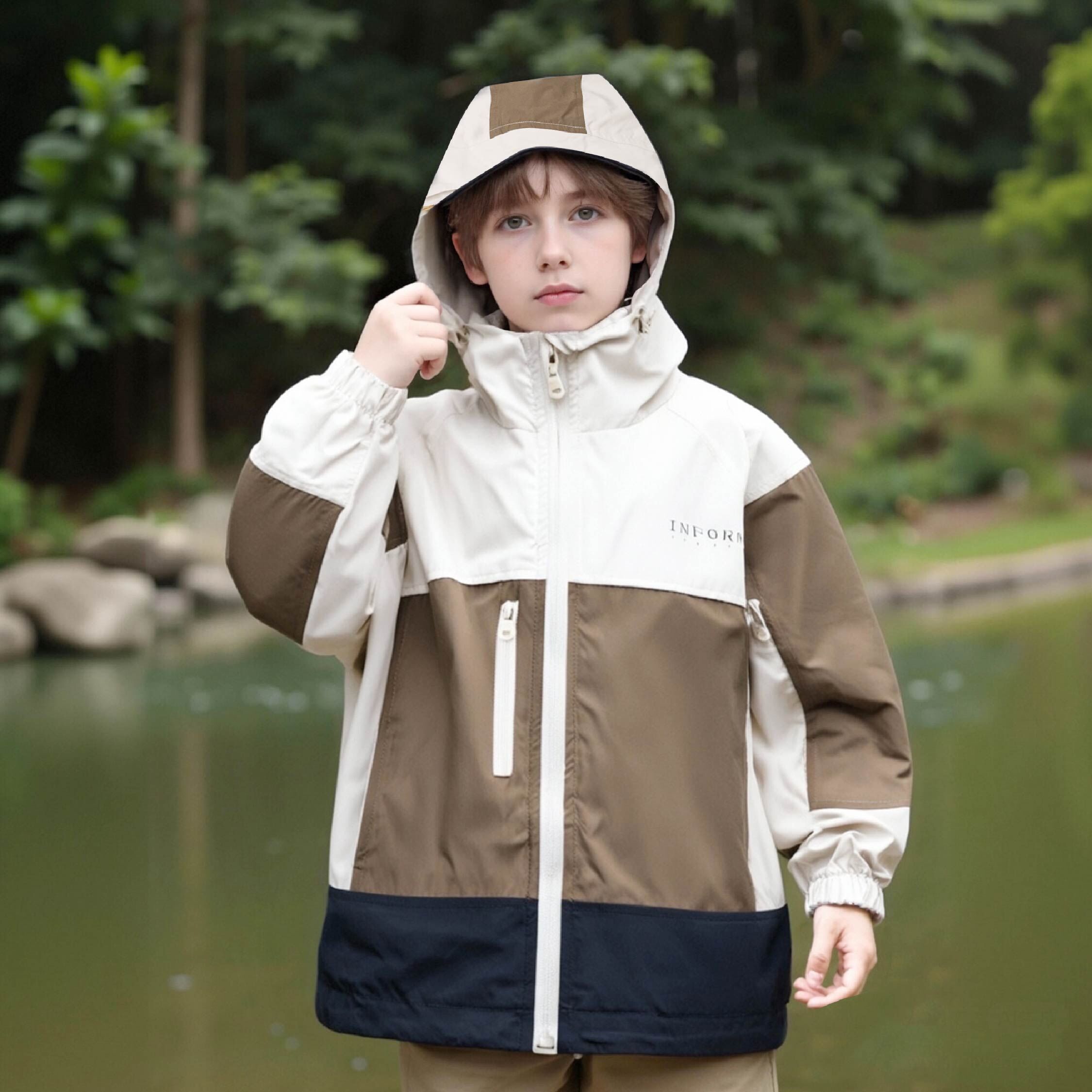 【H55355】藝術色塊拼接連帽外套