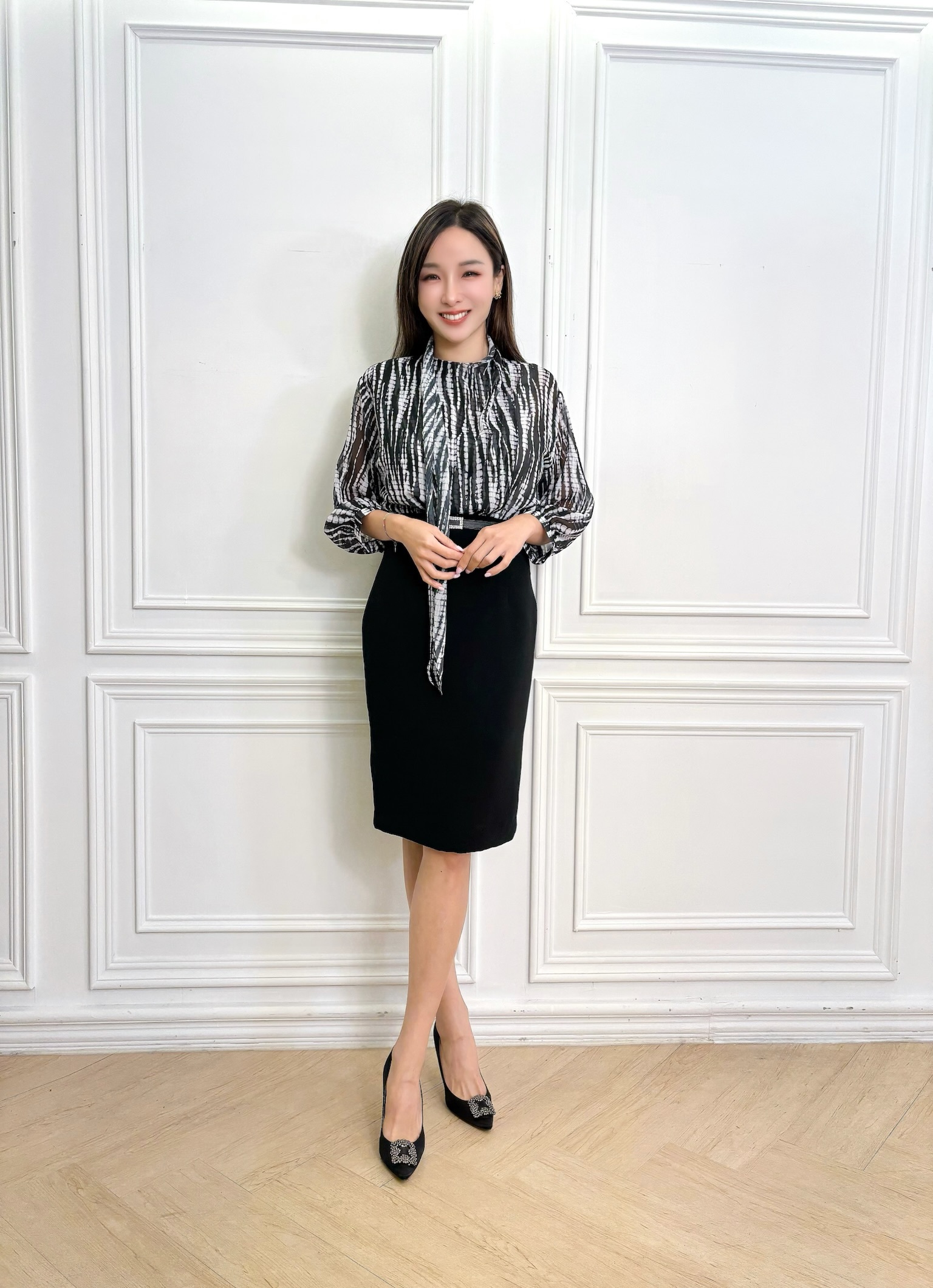 印染透紗領巾洋裝