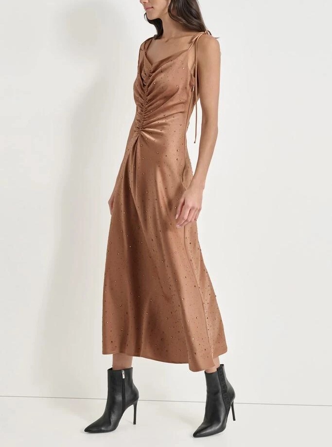[S] DKNY TRUFFLE/BROWN CRYSTAL EMBELLISHED RUCHED DRESS, DJ4D9050-I3L [FINAL SALE] (SD1514)
