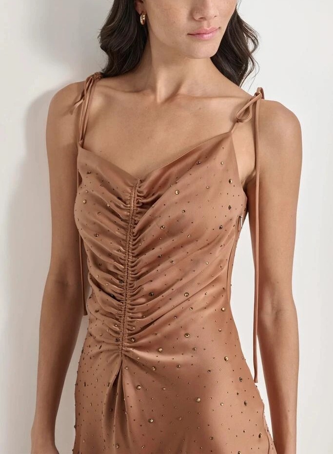 [S] DKNY TRUFFLE/BROWN CRYSTAL EMBELLISHED RUCHED DRESS, DJ4D9050-I3L [FINAL SALE] (SD1514)