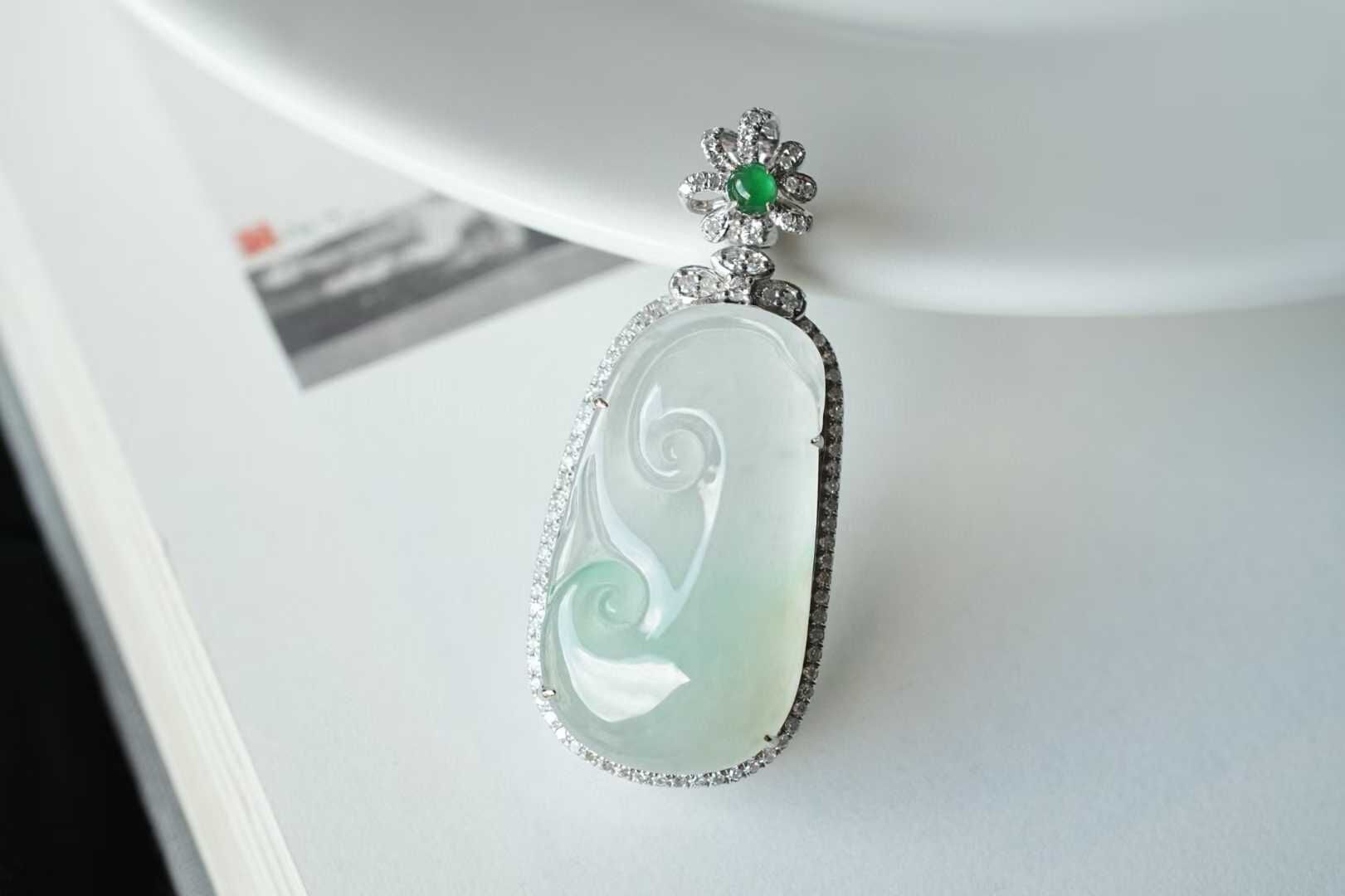 翡翠木那雪花棉如意吊墜,天然翡翠A玉, 緬甸玉, Jade, Jadeite
