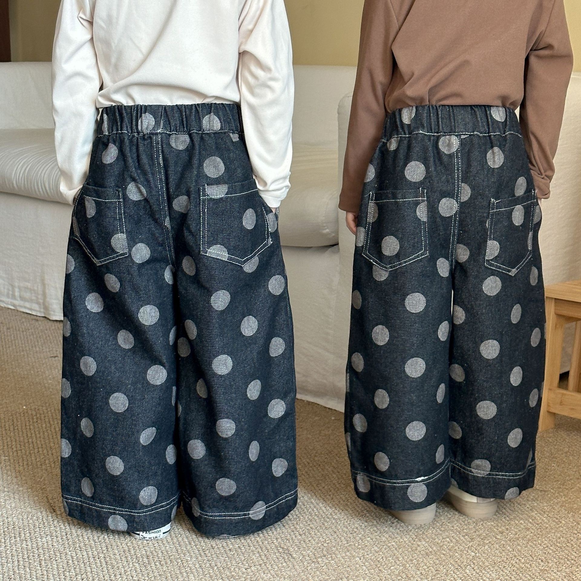波點牛仔寬褲