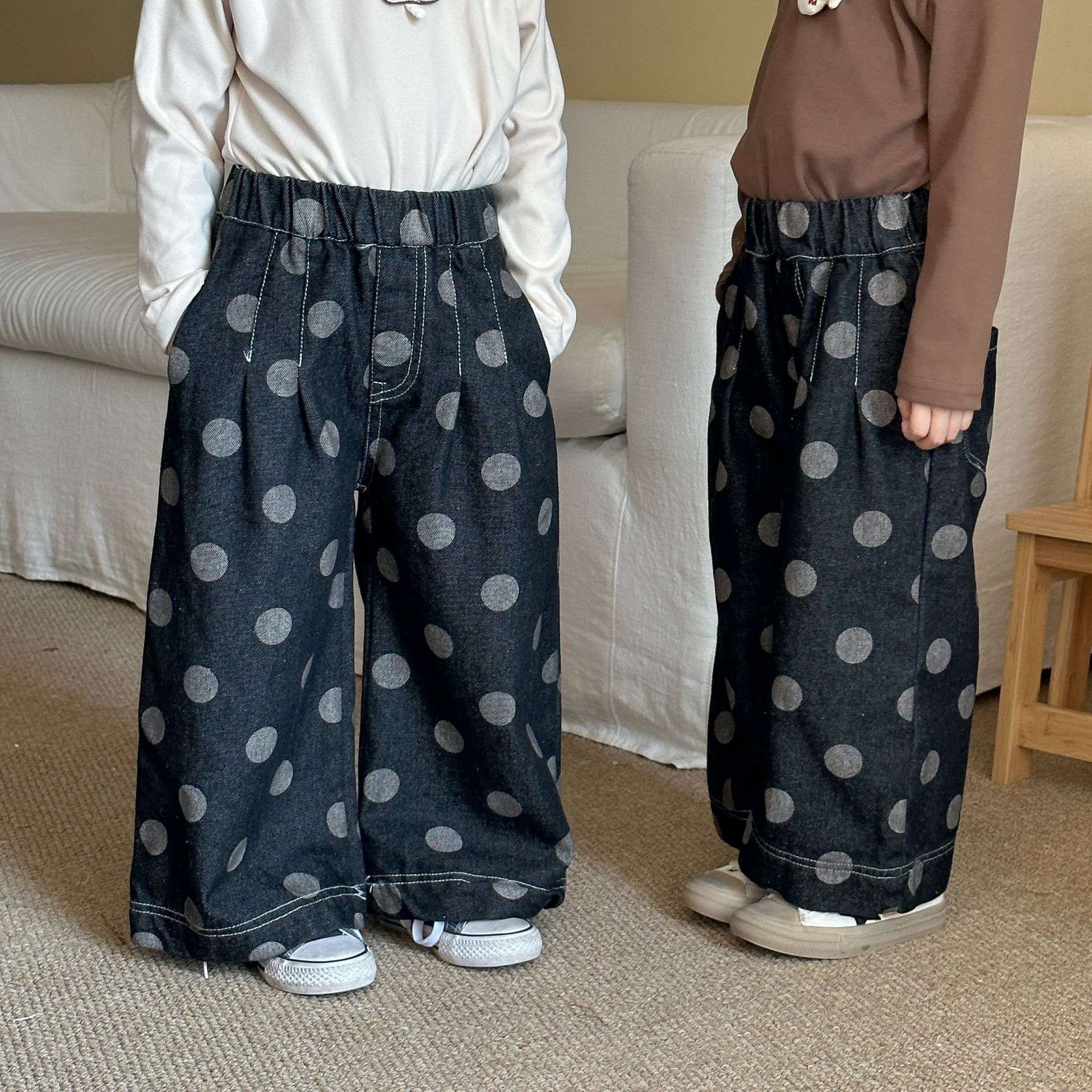波點牛仔寬褲