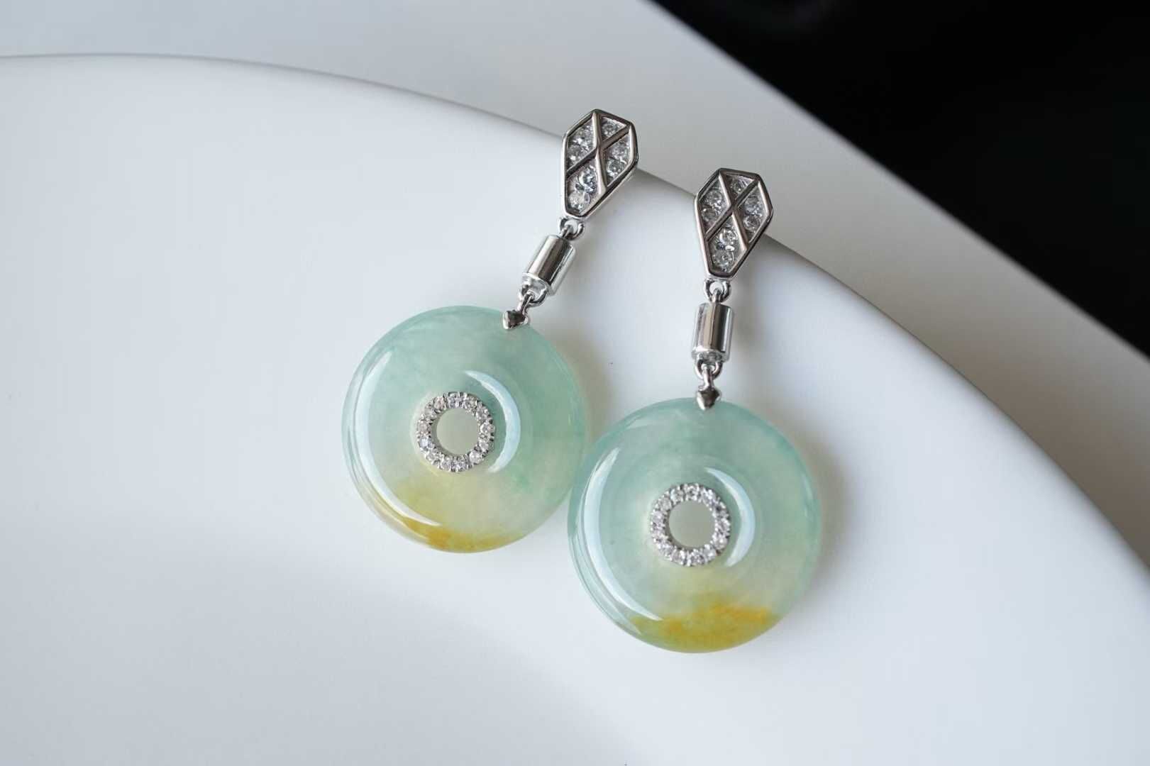 翡翠特色平安扣耳墜 (14.5mm直徑),天然翡翠A玉, 緬甸玉, Jade, Jadeite