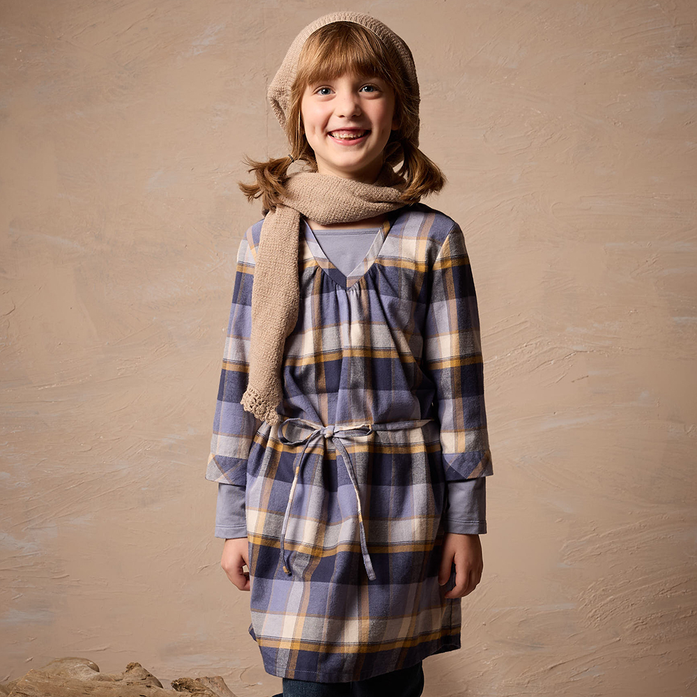 PIPPY 經典格紋假兩件綁帶棉質連身裙洋裝 紫