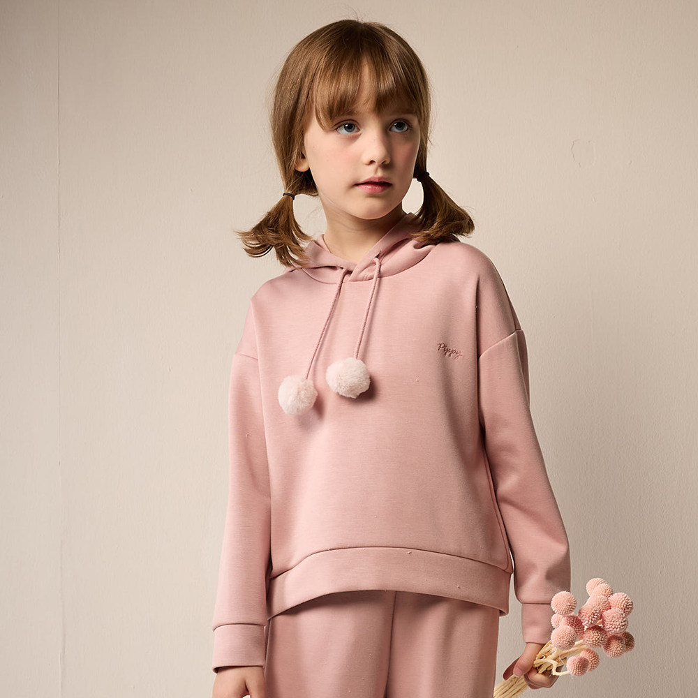 PIPPY 俏麗休閒風落肩連帽綁帶長袖上衣 粉