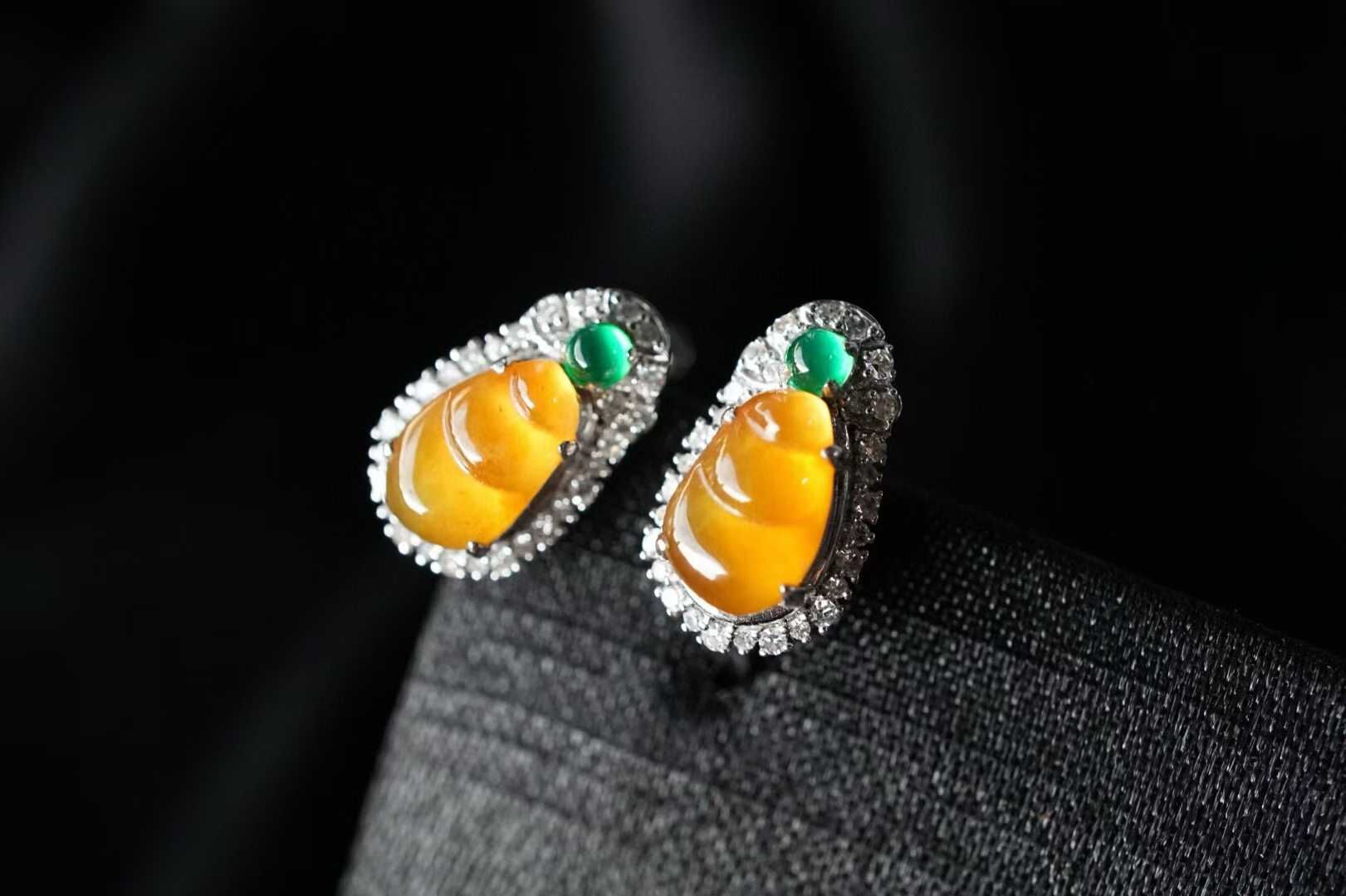 翡翠冰黃翡福豆耳扣,天然翡翠A玉, 緬甸玉, Jade, Jadeite