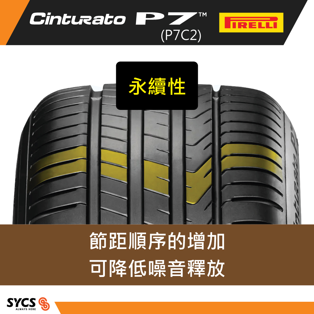 Image of P7C2 with “Sustainability” label and yellow pitch pattern for reduced road noise.