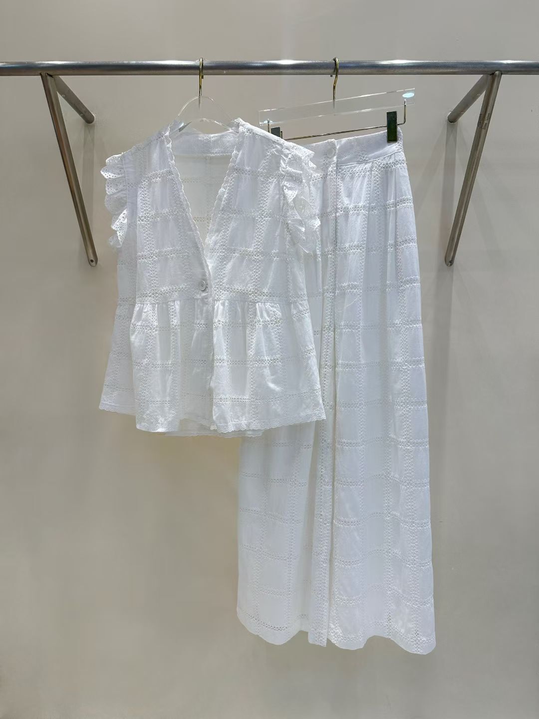 EM5018 重工格仔鏤空橡筋腰長褲袋