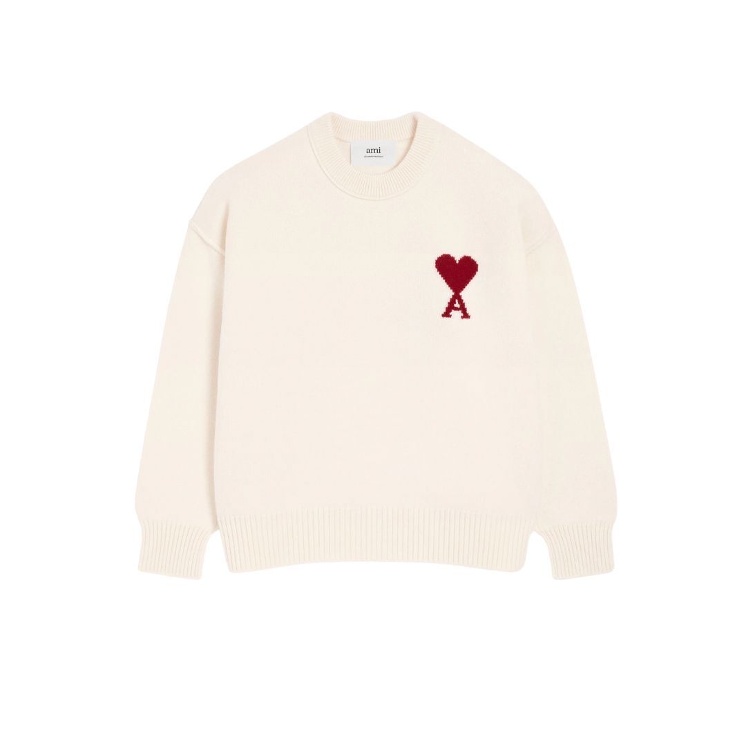 1LN0902-061 AMI Wool Ami De Coeur Crewneck Sweater Off White/Red #UKS838-018-154 (C-BR-E)