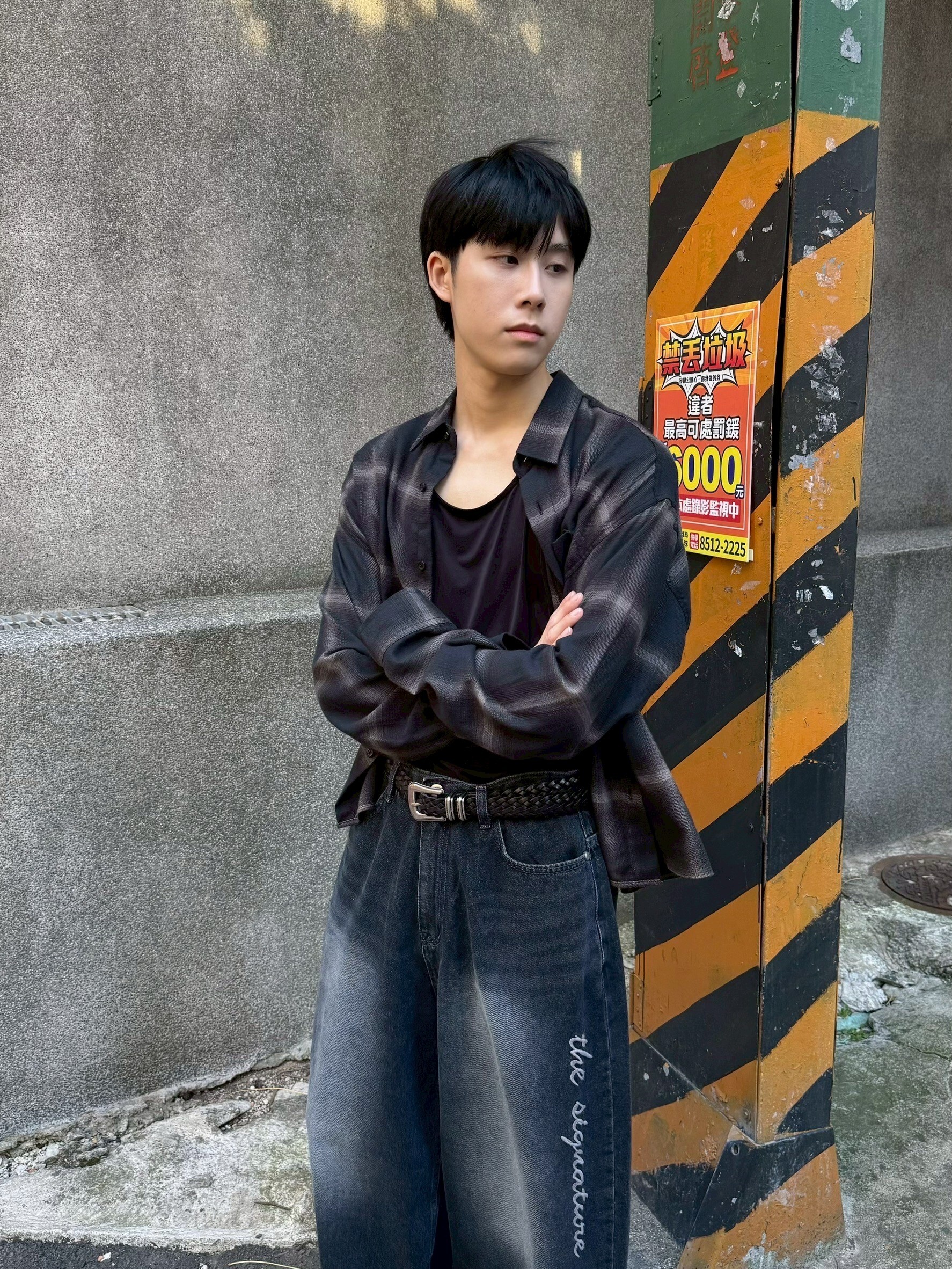 短版格紋長袖棉襯衫