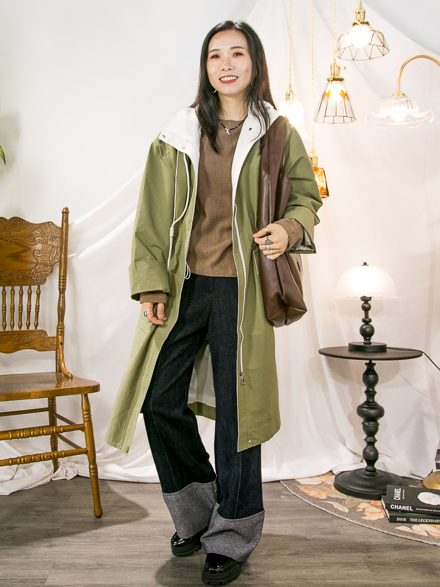 ⬇️開倉低至半價😱FINALSALE📣 全開胸拉鏈啪鈕．有帽 扯布料長身外套 (有厘布)【不設退換】