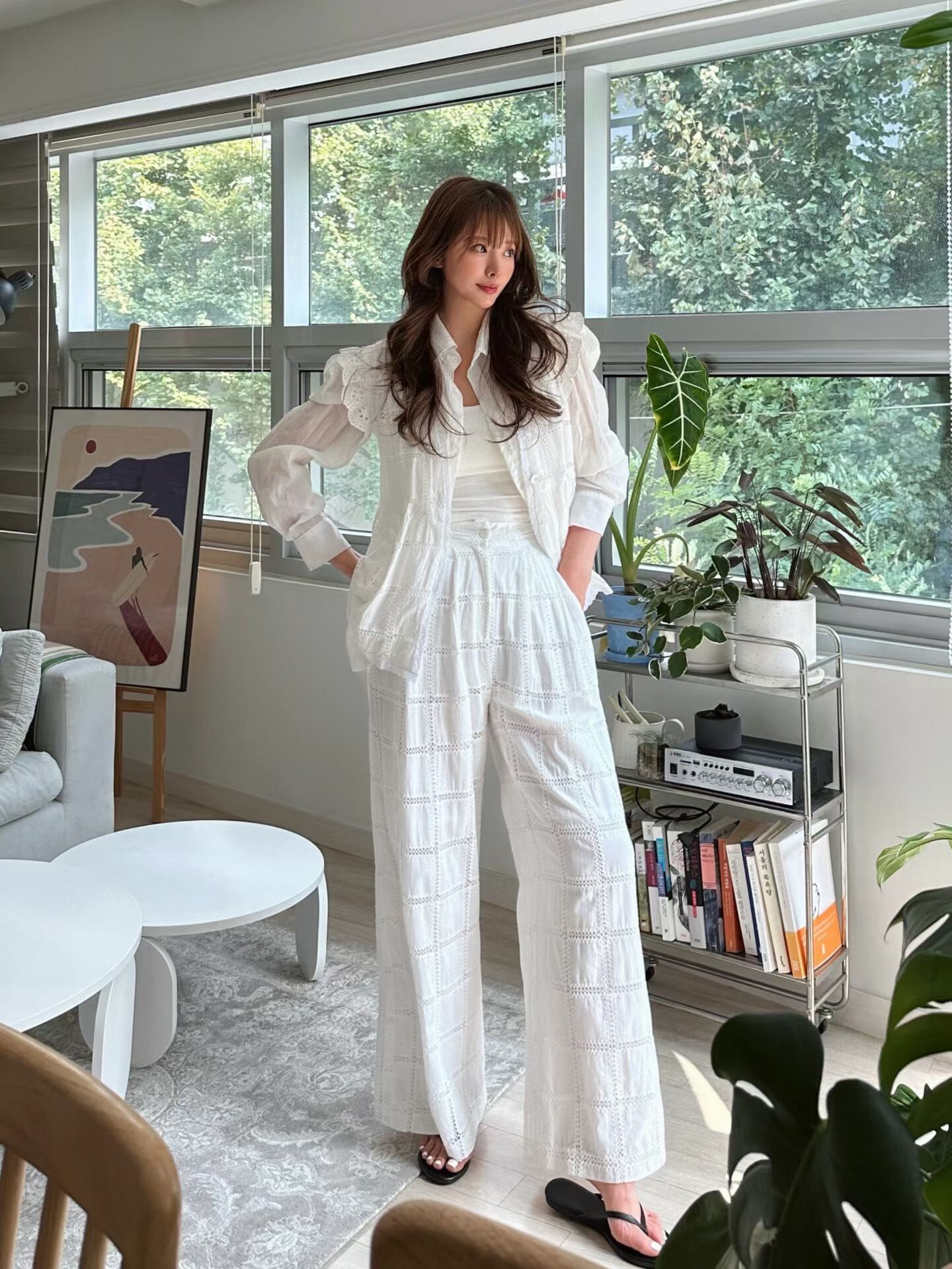 EM5018 重工格仔鏤空橡筋腰長褲袋