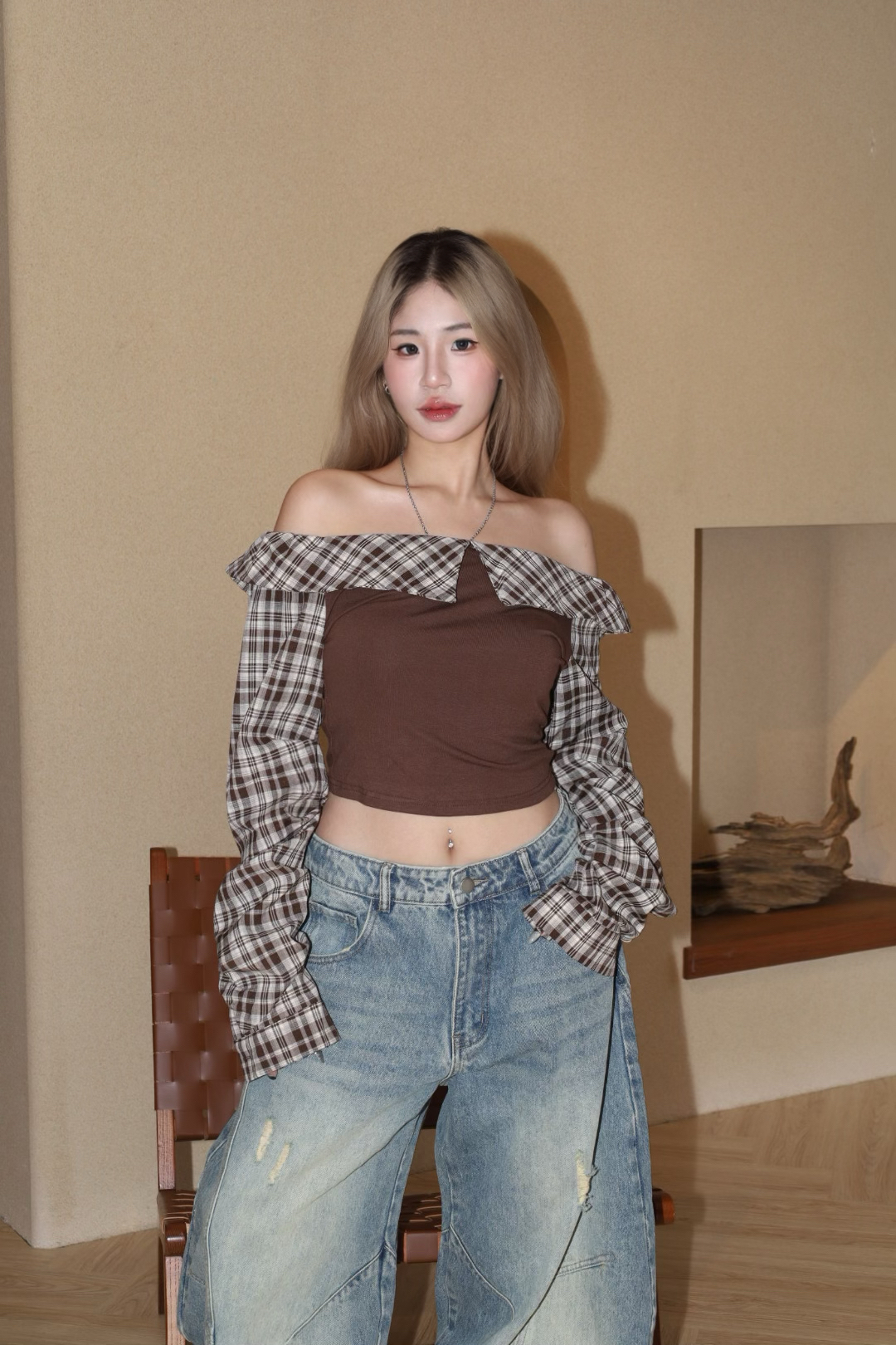 [ Ananas自訂款✨] 格紋一字領上衣