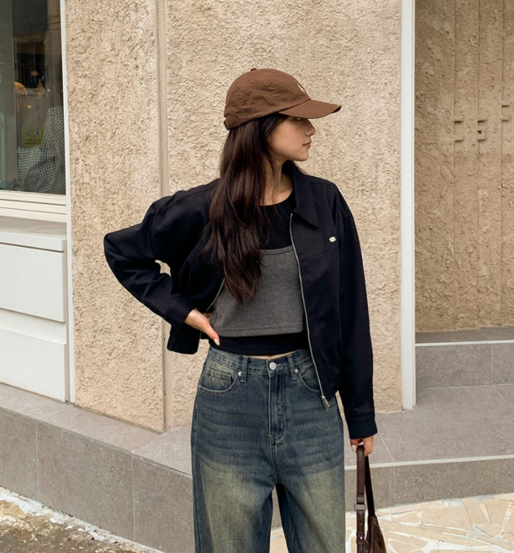 棒球反領工裝外套(黑色)