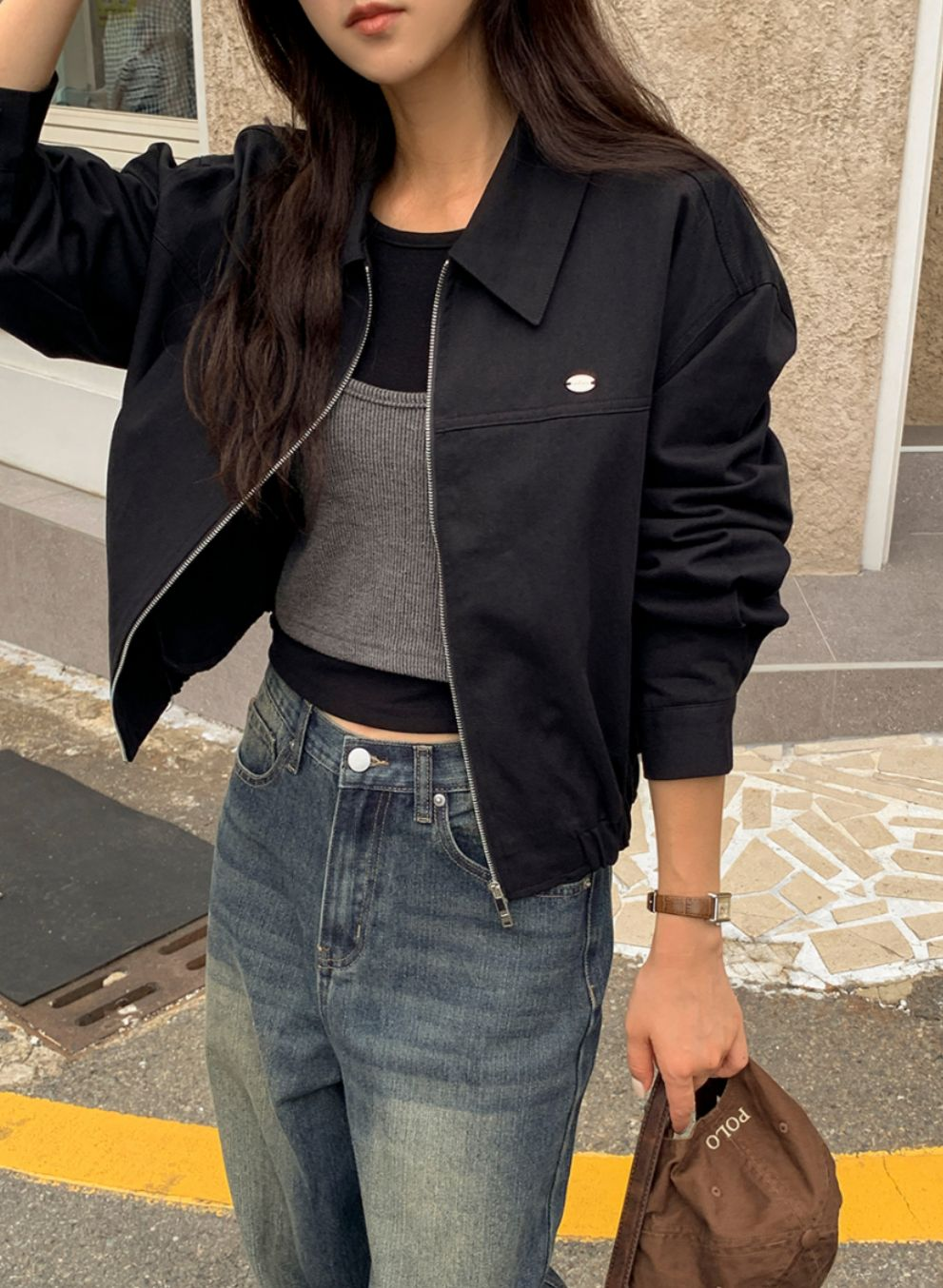 棒球反領工裝外套(黑色)