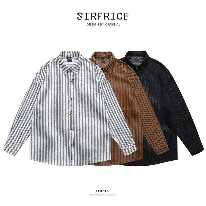 長袖襯衫 直條紋 鏤空襯衫