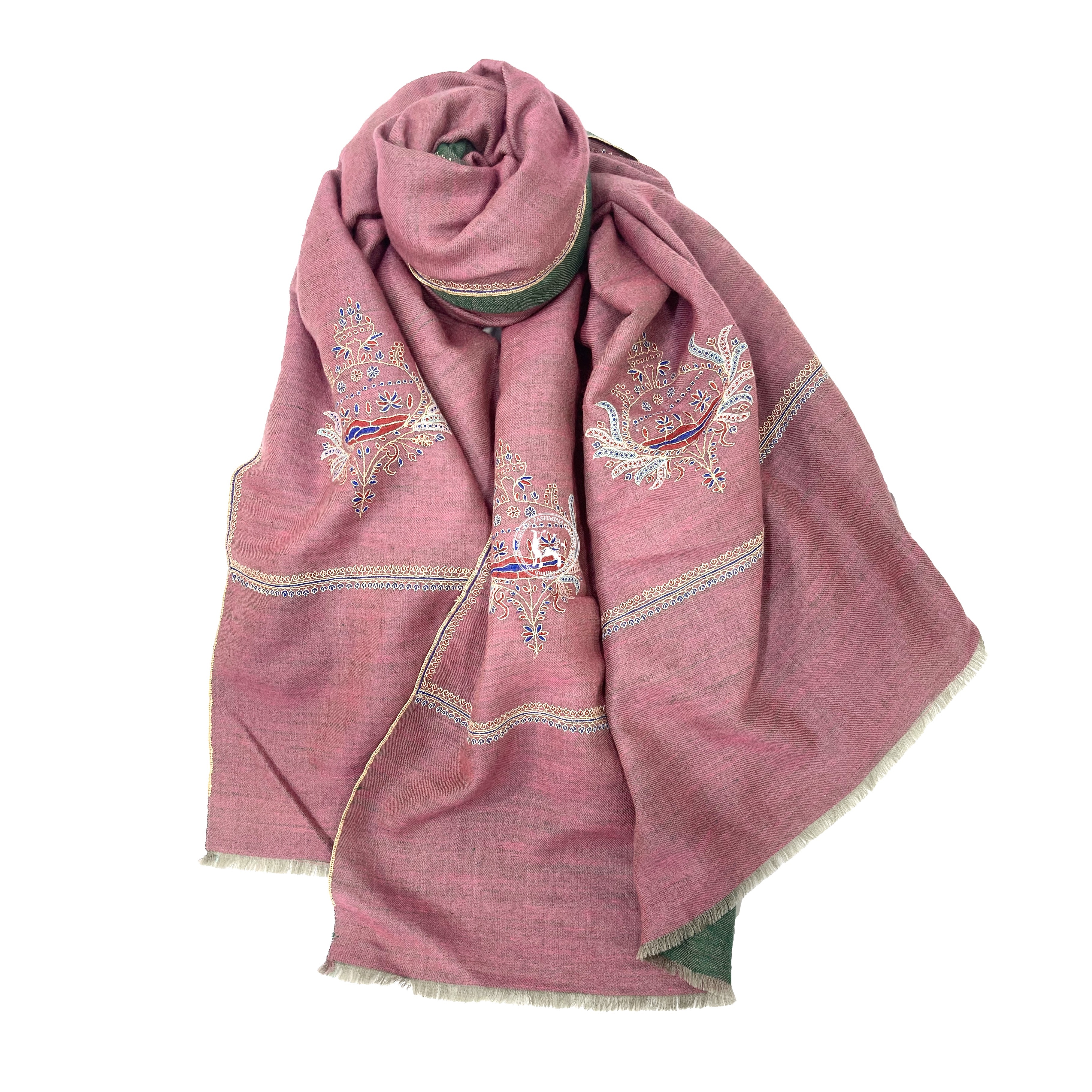 深粉紅綠色雙面刺繡喀什米爾山羊絨圍巾