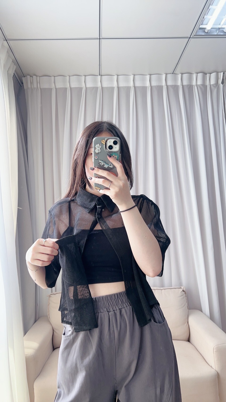 夏日專屬~格紋排扣短袖上衣