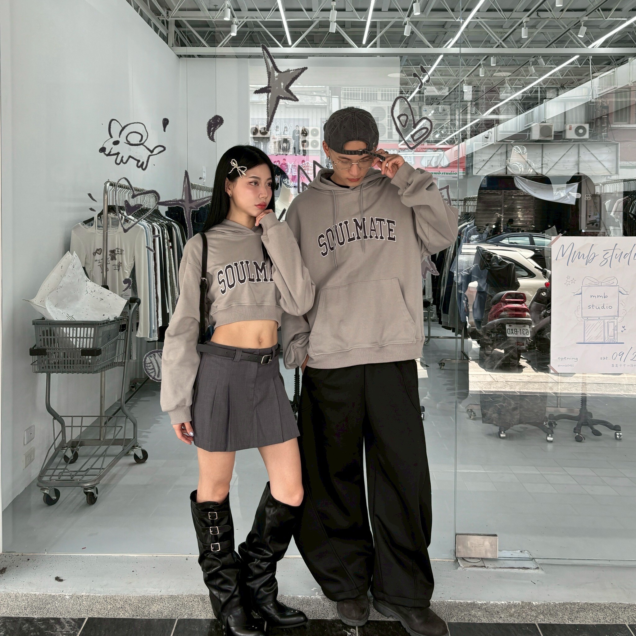 MMB美式校園撞色貼布繡情侶帽t