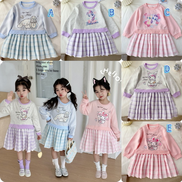 兒童san*rio 角色拼接格仔長袖連衣裙-2502324