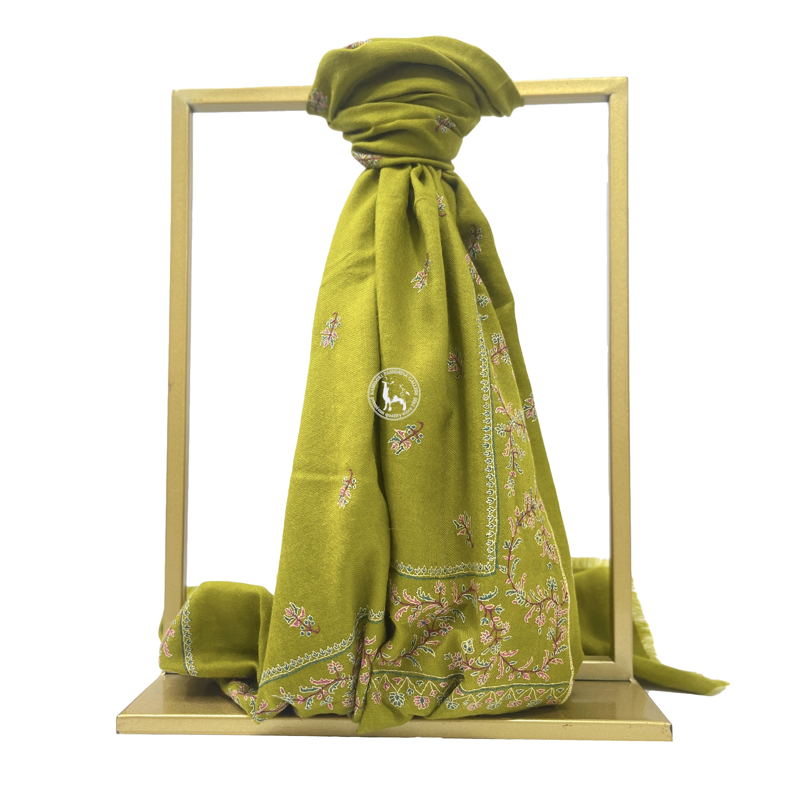 淺欖橄綠色索茲尼刺繡羊絨披肩圍巾