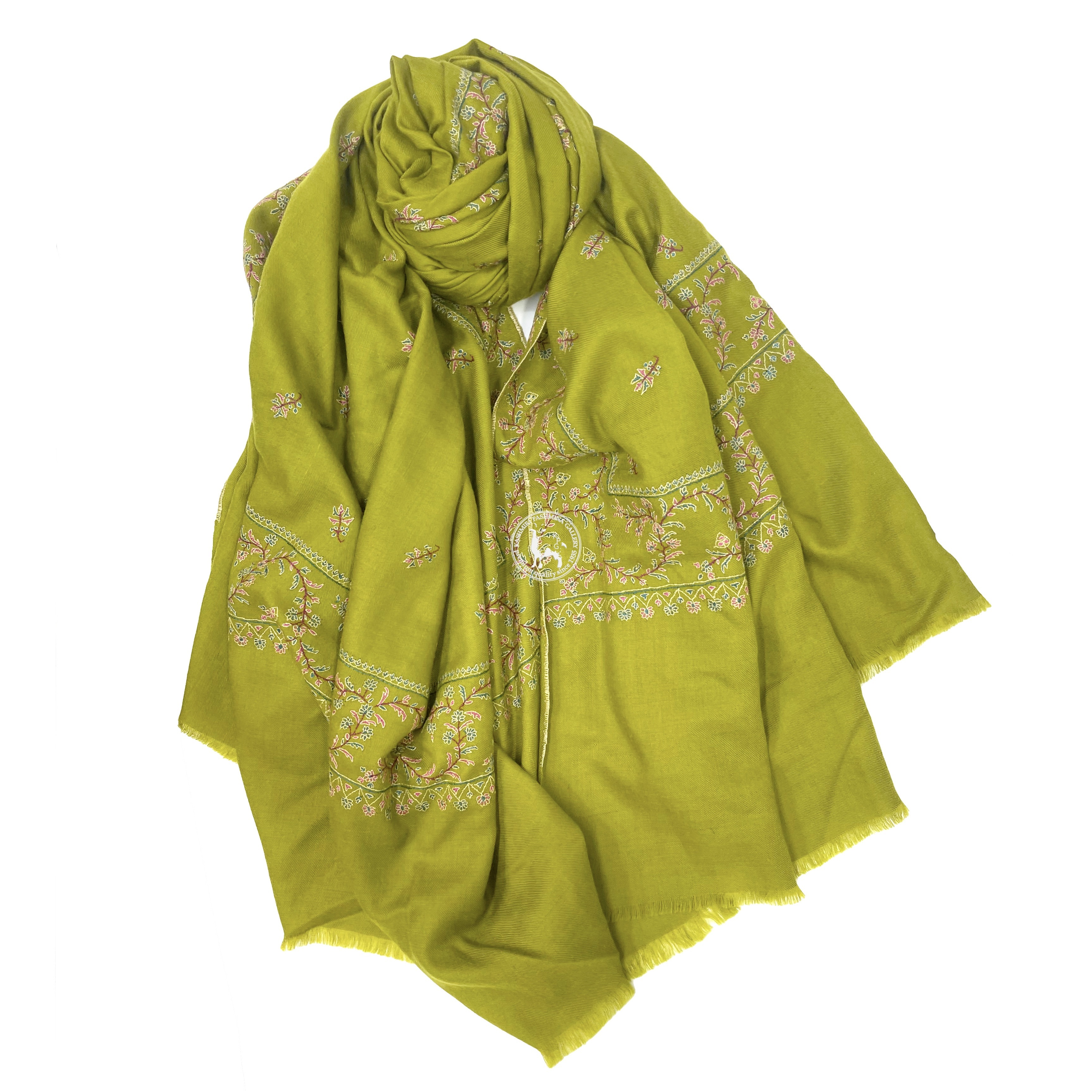 淺欖橄綠色索茲尼刺繡羊絨披肩圍巾