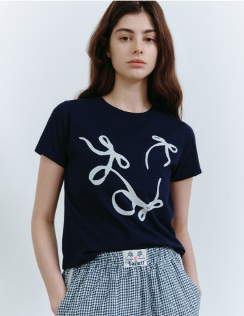 【現貨】【FALLETT🌼】Flowing Ribbon Crop Short Sleeve T-Shirt Navy (S size)