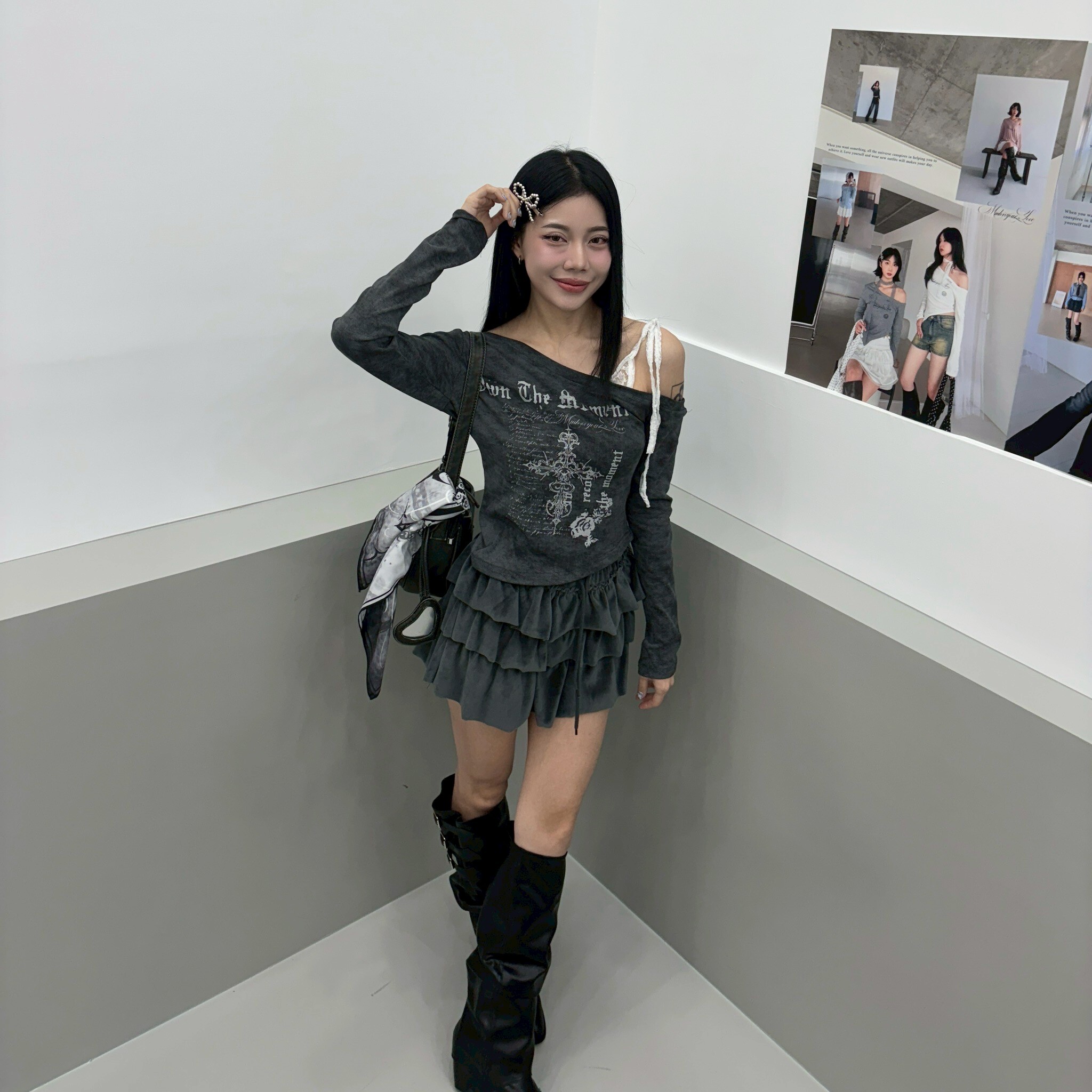 mmb斜肩十字架拼接蕾絲上衣