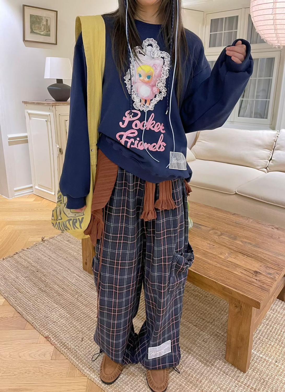 側口袋格子休閒長褲